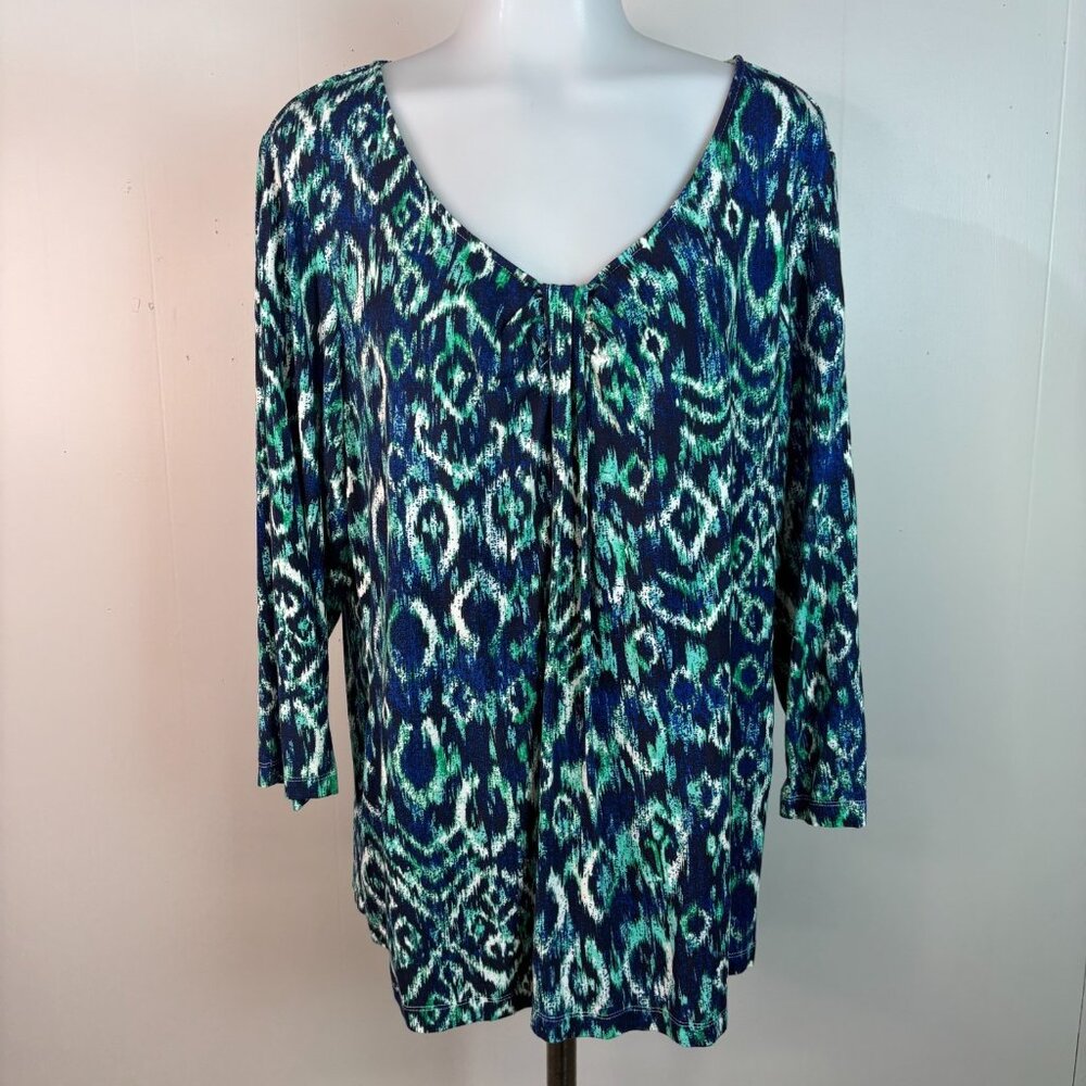 Chico's Top 3 Women's XL‎ Blue Green Stretch Jersey 3/4 Sleeves